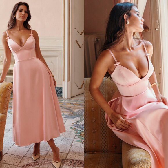 HOUSE OF CB ‘Tiffany’ Parisian Pink Satin A-Line Midi Dress NWOT